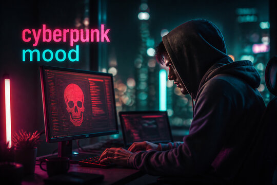 A person in a hoodie is intensely focused on a computer screen displaying cyberpunk visuals in a dark, neon-lit room.