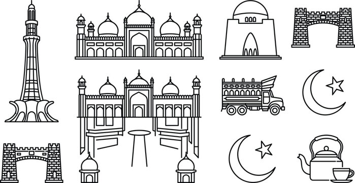 Pakistan landmarks and cultural line icon vector set with Minar e Pakistan Badshahi Mosque Mazar e Quaid Khyber Pass truck art and traditional tea isolated on white background