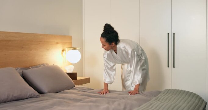 Change, morning and woman making bed in home for daily routine, fresh fabric or maintenance. Cleaning, neat and tidy with person in bedroom of apartment for chores, housework or responsibility