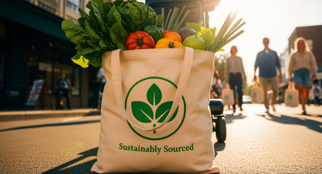 Canvas tote bag filled with fresh organic vegetables on a sunny street. People walk in the background of a city market at sunset. Sustainable shopping concept for eco-friendly marketing.