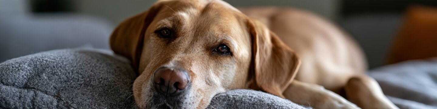 luxurious web banner showcasing a contented dog at a high-end pet hotel with stylish interior, comfort and safety, perfect for luxury hospitality spacious for promotional text