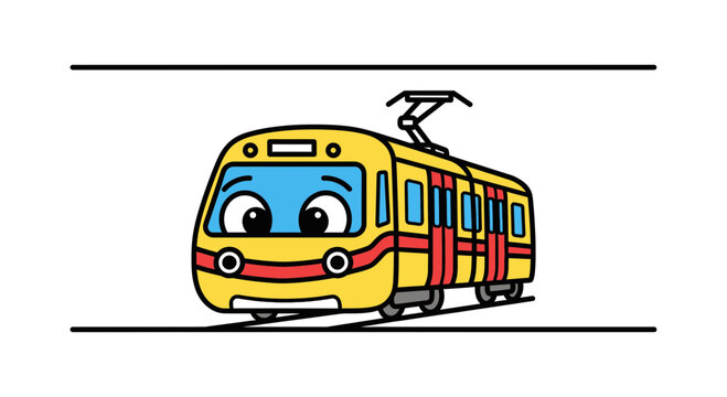 Cute Yellow Cartoon Train Character with Big Eyes on Rails