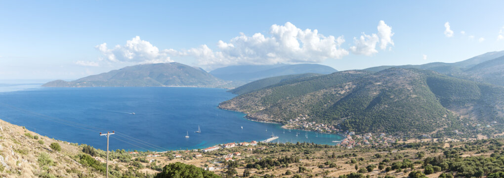 Panoramic view over the coast of Kefalonia, Greek Islands, Greece