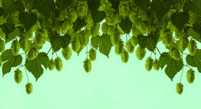 Fresh green hops and leaves hanging on a plain background. Vibrant botanical detail of beer brewing ingredients. Natural agriculture concept, ideal for brewery marketing and beverage branding.