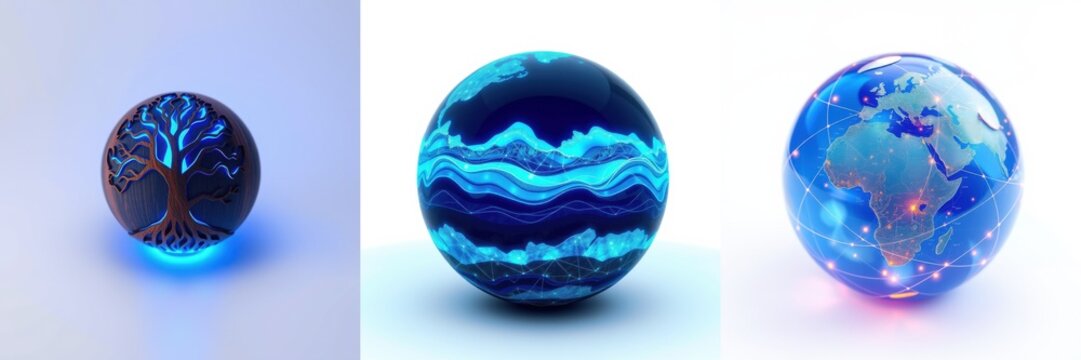 Three glowing spheres represent life, water, earth. Digital art showcases vibrant blue hues, sleek design, modern aesthetic.