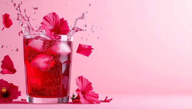 A refreshing glass of pink drink with ice cubes and flower petals splashing in a pink environment.