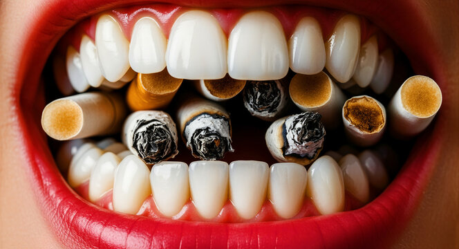 Extreme close-up of human mouth filled with cigarettes and butts between teeth. Surreal visual representing damaging effects of smoking on oral health. Anti-tobacco campaign concept for health ads.