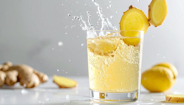 Ginger slices splash into a refreshing drink with lemon on a table.