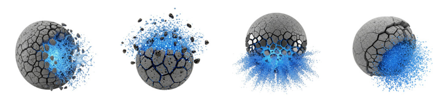 Four concrete spheres exploding with blue liquid splashes on black background