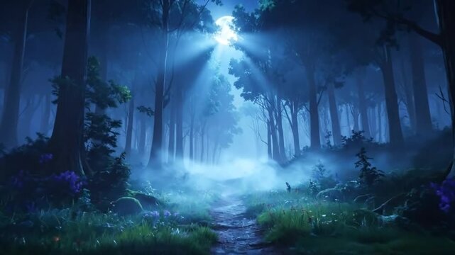 A mystical forest path bathed in moonlight with ethereal fog