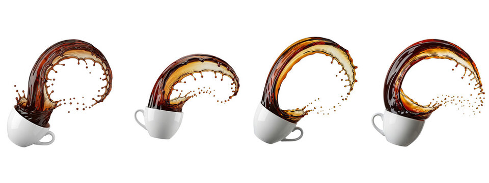 Four cups of hot coffee splashing in a circular motion on black background