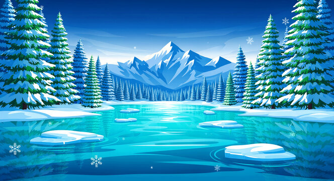 Snow-capped mountains overlook a frozen blue lake and pine forest. Stylized winter landscape with ice floes under a clear sky. Serene nature scene, ideal for seasonal marketing and travel themes.