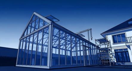 Fototapeta premium Architectural 3D wireframe render of a modern glass greenhouse addition to a house. Blue blueprint illustration showing construction scaffolding. Real estate extension and architectural design.