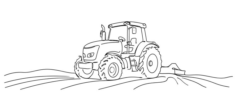Simple continuous line drawing of a farm tractor working in cultivated fields, representing agriculture, farming, rural industry, and food production.
