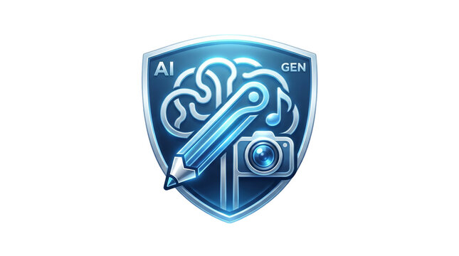 Generative ai shield badge with pencil camera brain transparent background