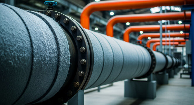 Large insulated pipelines in a modern manufacturing plant. Bolted flanges and orange conduits span the factory interior. Engineering infrastructure concept for industrial utility and energy reports.