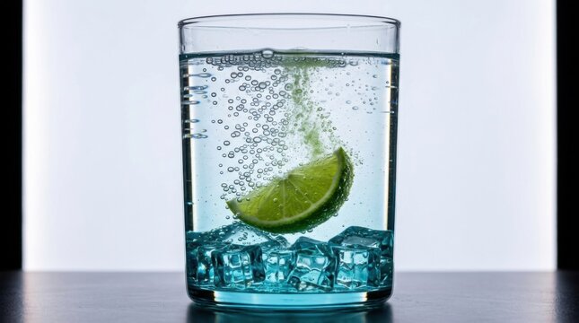 Refreshing Lime Slice Dropped into Sparkling Water with Ice Cubes.
