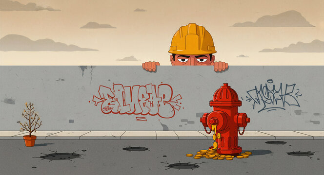 Construction worker peeking over a wall at a hydrant leaking gold coins. Street scene includes potholes and graffiti. Conceptual metaphor for corruption and budget waste.