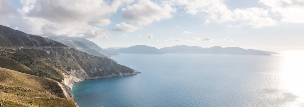 Panoramic view of the coastline at sunset, Kefalonia, Greek Islands, Greece