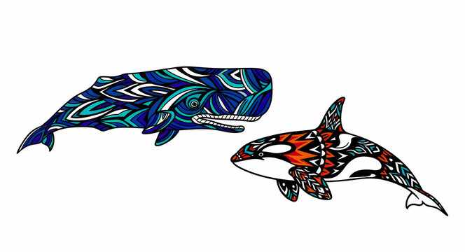Sperm whale and orca illustration with intricate tribal patterns. Vibrant marine art featuring mandala designs on a white background. Creative ocean wildlife concept for ethnic decor and conservation.