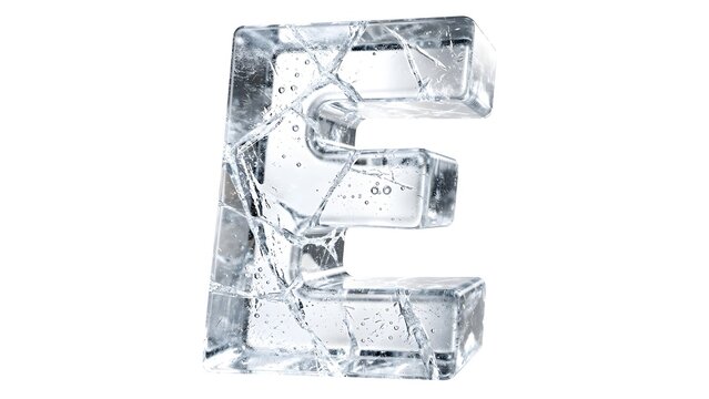 Frozen ice crystal letter E with transparent texture and realistic light reflections, isolated on white background. Perfect for winter and seasonal design concepts.