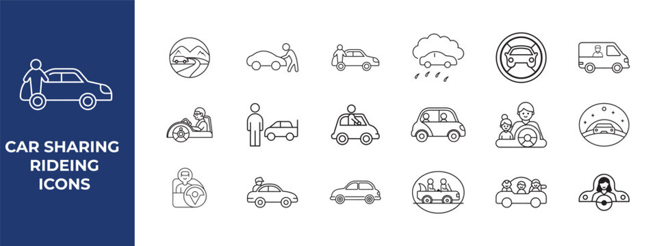 Carsharing ride icons set with people driving and traveling in various vehicles and situations  transportation and mobility concepts
