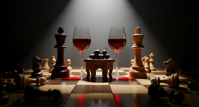 Chess board with kings facing each other alongside two glasses of red wine and grapes. Dramatic spotlight illuminates game pieces and wine on a reflective surface. Strategy and luxury concept.