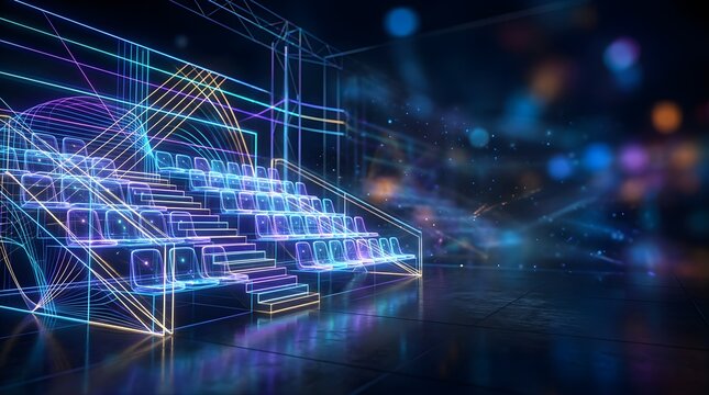 Neon light wireframe of stadium seating for digital television broadcast studio
