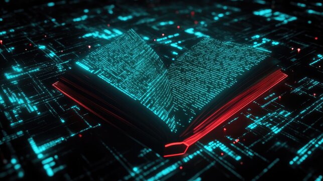 Digital Book Glowing with Cybernetic Data and Neural Network Abstract Concept