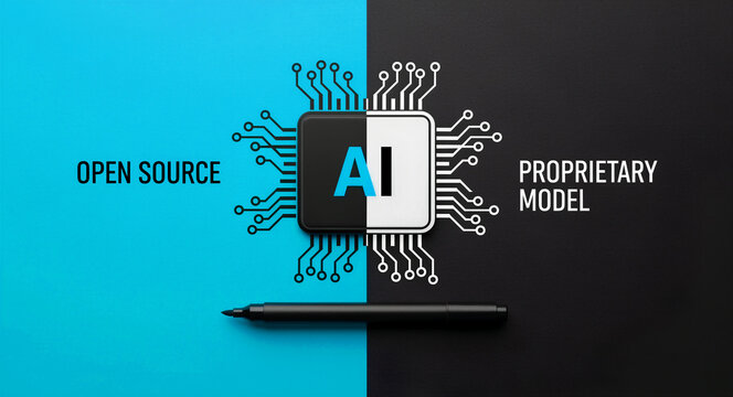 Graphic comparing Open Source and Proprietary AI models on a split background. Processor chip icon representing core artificial intelligence technology and software development frameworks.