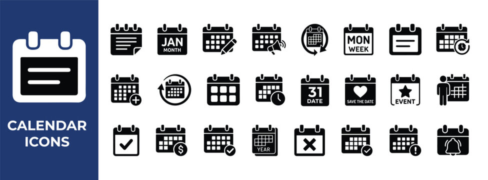 Calendar icon set. Containing date, schedule, month, week and time management purposes including dates events and scheduling symbols  used for planning and appointment reminders