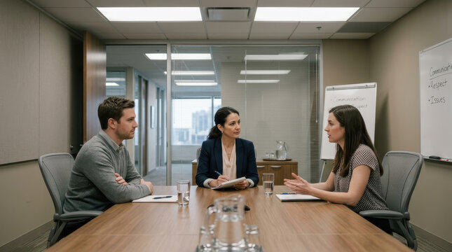 Office mediation coworker employee meeting conflict discussion workplace mediator business, professional mediator guiding calm workplace conflict discussion between employee coworker inside modern