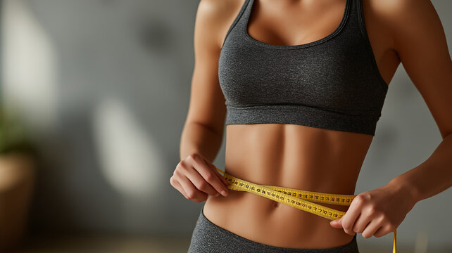 Fit woman measuring her slim waist with a tape measure, highlighting weight loss, fitness progress, healthy lifestyle and body goals.