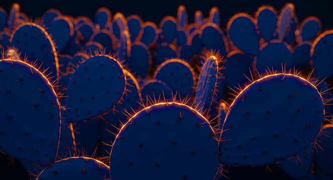 Prickly pear cacti glowing with golden rim light at dusk. Artistic close-up of succulents with thorns highlighted by warm sun. Botanical nature concept, ideal for moody backgrounds and organic.