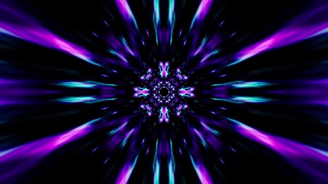 Radiant beams pulse from a glowing central core. Vibrant purple and teal streaks explode outward in perfect symmetry. Abstract kaleidoscope design radiates hypnotic energy