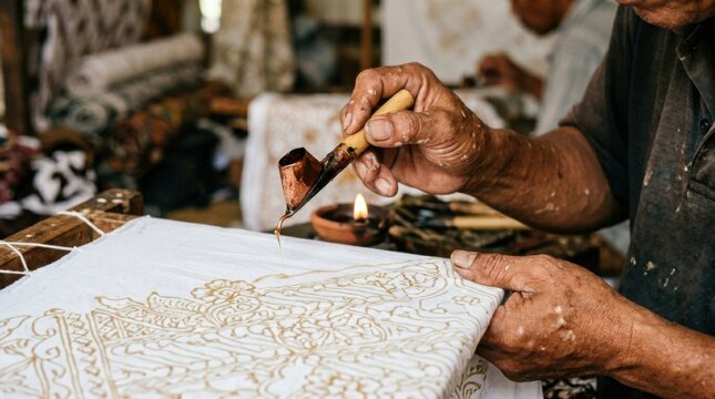 Traditional Batik Making Process Close-up of Artisan Hands Applying Wax.
