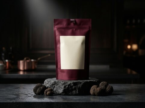 Burgundy pouch packaging mockup with blank cream label