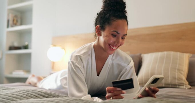 Woman, phone and credit card in hotel room with payment, travel expense or eft transaction for holiday. Happy person, tech and digital banking in accommodation with website, fees or bill for vacation