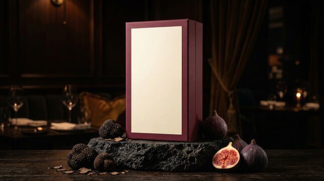 Burgundy rectangular packaging mockup with blank cream label