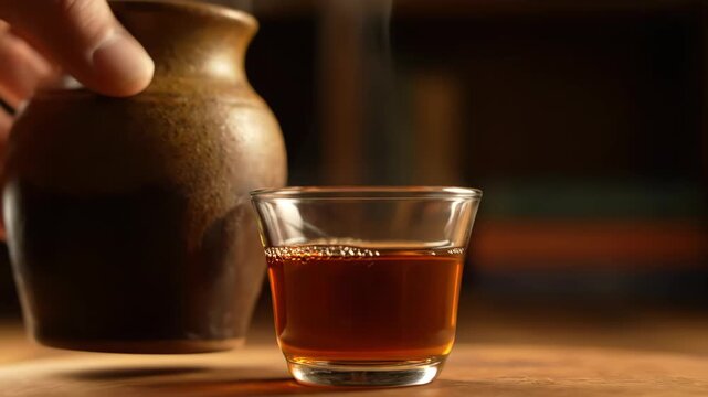 The scene of pouring tea from a teapot into a glass, traditional wine culture