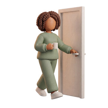 3D Claymorphism Faceless Woman Walking Opening Door Holding Mug Casual Home Lifestyle White Background