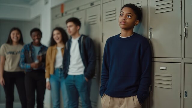 Teenager Standing Alone by School Lockers; Group of Friends in Background, Feeling Isolated and Uncertain