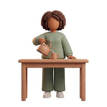 3D Claymorphism Faceless Woman Pouring Kettle Into Mug Kitchen Bench Wellness Morning Routine White Background
