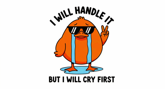 Funny cartoon bird wearing sunglasses and crying with a peace sign gesture. Humorous quote "I will handle it but I will cry first" in vector style. Emotional resilience concept for memes and stickers.