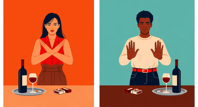 Man and woman making hand gestures to refuse alcohol and cigarettes. Diverse characters choosing a healthy lifestyle by rejecting wine and smoking. Addiction recovery and wellness concept.
