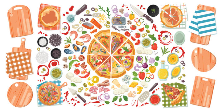Pizza recipe constructor illustration for menu food creator with bases toppings and ingredients book recipes cooking class, Italian cafe or pizzeria menu design. Vegetable, cheese, sausages, seafood s