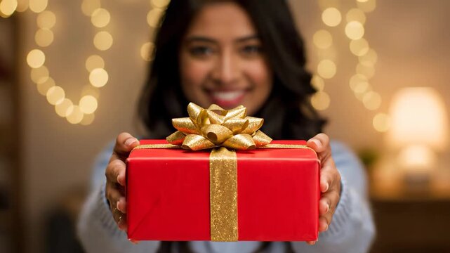 Woman holding red gift box, smiling woman holding red gift box
