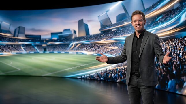 Professional male anchor presenting sports news in a modern virtual studio