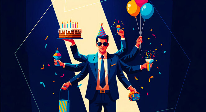 Businessman with multiple arms holding party items and a birthday cake. Professional man in a suit managing celebration supplies. Event planning and multitasking concept for party services.