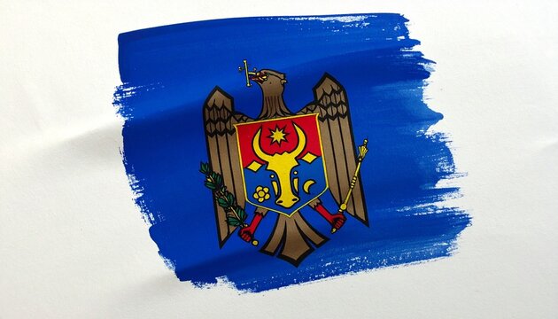 Moldova national flag with blue, yellow, red vertical stripes and central coat of arms featuring eagle, cross, olive branch, scepter, and aurochs shield, symbolizing identity, strength, peace, and fai